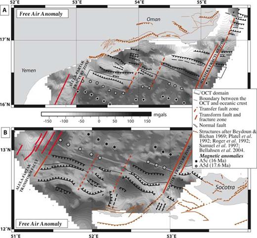 Free-air gravity anomaly map (contour interval is 10 mGal) of the northern (A) and southern (B) domains. The structural data are from the study of d'Acremont (2005) and the location of the magnetic anomalies identifications from this study.