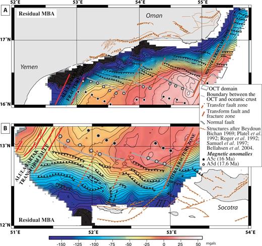 Residual mantle Bouguer anomaly maps (contour interval is 10 mGal) of the northern (A) and southern (B) domains computed from a model with a constant crustal thickness of 6 km average densities of 1.03, 2.1, 2.8 and 3.3 g cm−3 (water, sediment, crust and mantle, respectively). See text for explanations.