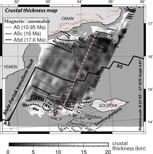 Crustal thickness map of the two domains reconstructed to the A5 anomaly (Rotation pole: N23°03′–E27°02′, angle: 4.81°). Crustal thickness variations from an average value of 6 km obtained from downward continuation of the filtered gravity residuals (see text for explanations). The contour interval is 1 km. Solid dotted lines show the location of pseudo-faults. Structural map is from d'Acremont (2005). Dashed line striking NNE–SSW indicates the location of section Fig. 10.