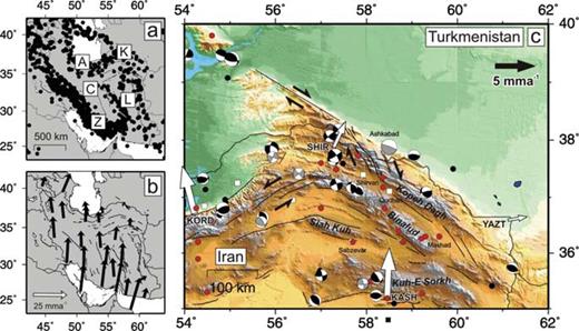 (a) Locations of earthquake epicentres (Mw≥ 5) across Iran during the period 1964–1998 (Engdahl 1998). Earthquakes are concentrated in the Zagros (Z), Alborz (A), and Kopeh Dagh (K) mountain belts, which surround relatively aseismic Central Iran (C) and the Lut desert (L). (b) Velocities relative to Eurasia measured by GPS, showing that approximately N–S shortening between Arabia and Eurasia is accommodated throughout Iran (Vernant 2004). (c) Summary seismotectonic map of NE Iran, with GPS velocities measured at four points. Red circles show earthquake epicentres from historic records, during the period 400 BC to 1962 AD (Ambraseys & Melville 1982). Black circles show instrumentally recorded earthquake epicentres (Mw≥ 5) for the period 1964–2004, from the updated catalogue of Engdahl (1998). Black fault-plane solutions are body-wave modelled earthquakes from the catalogue of Jackson (2001) and Jackson (2002). Grey fault-plane solutions are first motion solutions from McKenzie (1972), Jackson & Fitch (1979) and Jackson & McKenzie (1984).