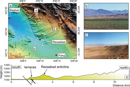 (a) SRTM digital topographic map of the southern end of the Baghan fault, which ends in the Atrak valley in a E–W trending anticline ∼80 m high, by the village of Rezaabad. Locations of field photos (b) and (c), and a N–S topographic profile (d), are shown. (b) View N of the W end of the Rezaabad anticline, in the foreground. It is composed of three different terrace levels. (c) View W of the terrace level at the southern front of the anticline. (d) N–S topographic profile across the Rezaabad anticline, showing the area north of the buried thrust to be uplifted. The features of this profile are very similar to those across the Quchan anticline (Fig. 4d).