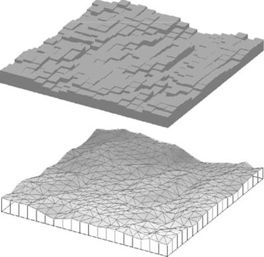 Geometries of rectangular (top) and triangular prism (bottom) representations of the topographic masses.