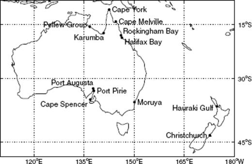 Location of sites at which synthetic RSL highstands are computed.