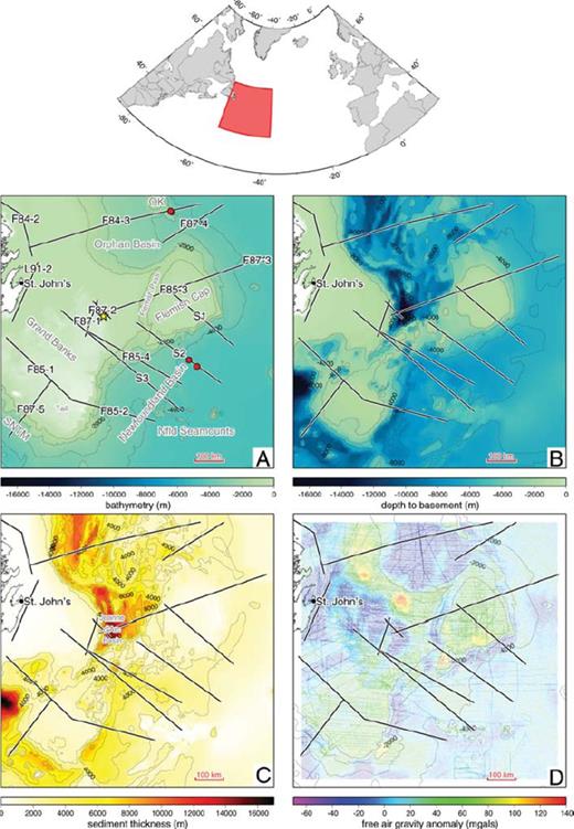 Maps of (A) bathymetry, (B) depth to basement, (C) sediment thickness and (D) free air gravity anomalies for the study region. A location map is plotted at the top of the figure with the study area shown as the red box. On all of the study area maps, the locations of deep seismic profiles acquired over the margin are indicated with black lines outlined in white. Seismic line labels in (A) are from the Frontier Geoscience Project (F), from the SCREECH experiment (S) and from Lithoprobe East (L). Key bathymetric structures of the margin are labelled in grey on plot (A) as are the location of the Hibernia oil field (yellow star) and the locations of ODP drilling sites (red circles). The location of the Jeanne d'Arc Basin is shown on plot (C). Abbreviations: SNTM, southern Newfoundland transform margin; OK, Orphan Knoll.