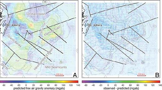 Predicted free air gravity anomaly map from the inverted density anomaly model (A) and the difference between these predicted data and the observed data shown in Fig. 1(D) (B). On both maps, the locations of deep seismic profiles acquired over the margin are indicated with black lines outlined in white. Key bathymetric structures of the margin are labelled in grey on plot (A). Abbreviations: SNTM, southern Newfoundland transform margin; OK, Orphan Knoll.