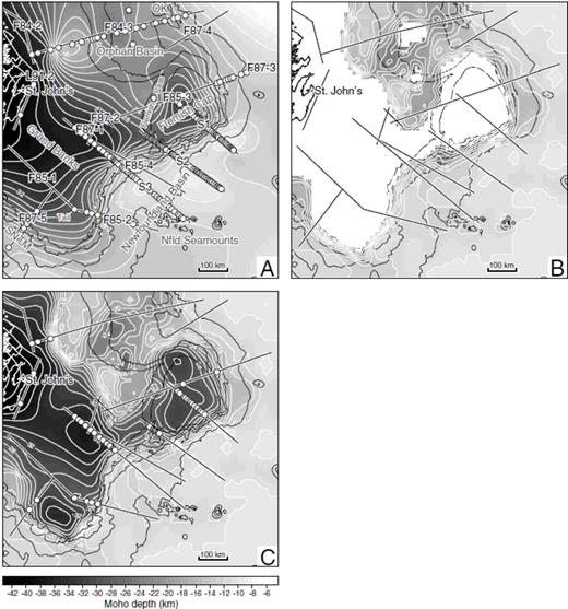 Maps of Moho depths, (A) interpolated from digitized Moho picks along seismic profiles and earlier 2D gravity models, (B) from the 350 kg m−3 anomaly isosurface of the inverted density anomaly model (regions without Moho constraints have been masked in white), and (C) from the combination of the isosurface in (B) with seismic constraints below 25 km depth in (A). On plots (A) and (C), the seismically constrained Moho pick locations used in the interpolation are shown as white circles. On all maps, the locations of deep seismic profiles acquired over the margin are indicated with black lines outlined in white. Seismic line labels as per Fig. 1. Key bathymetric structures of the margin are labelled in grey on plot (A). Abbreviations: SNTM, southern Newfoundland transform margin; OK, Orphan Knoll.