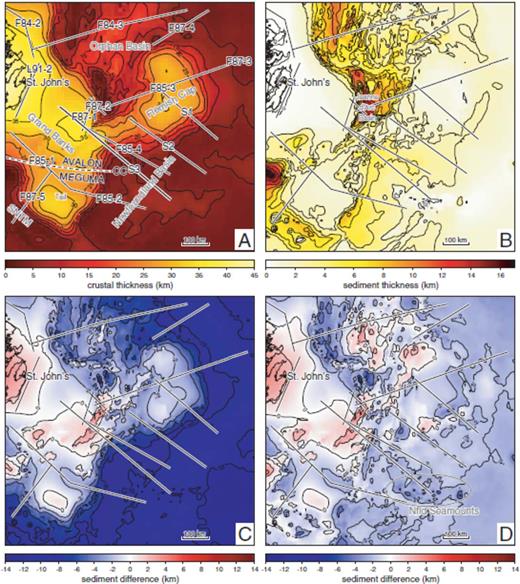Maps of (A) crustal basement thickness computed from depth to basement (Fig. 1B) and our interpreted Moho depth surface (Fig. 4C), (B) sediment thickness, (C) the difference between the observed sediment thickness for a given crustal thickness and the expected sediment thickness for the isostatically compensated crust in Fig. 11, and (D) the sediment thickness difference in (C) after water depth compensation. The locations of deep seismic profiles acquired over the margin are indicated with black lines outlined in white. In (A), line labels correspond to those plotted in Fig. 1A, key bathymetric structures of the margin are labelled in grey and the Cobequid-Chedabucto Fault (labelled CC), which marks the division between the Avalon and the Meguma terranes, is plotted as the thick black dashed line outlined in white. The location of the Jeanne d'Arc Basin is shown on plot (B). The Newfoundland Seamounts are highlighted with the grey ellipse on plot (D). Abbreviation: SNTM, southern Newfoundland transform margin.