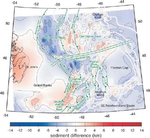 Enlarged portion of the map in Fig. 10(D) of sediment thickness difference after water depth compensation. The main faults are shown as green lines and labelled in green. The light grey lines represent the 1, 2, 3 and 4 km bathymetric contours (compare against Fig. 1A). Key bathymetric structures of the margin are labelled in black. Abbreviations: F.C.G., Flemish Cap Graben; A.G., Anson Graben.