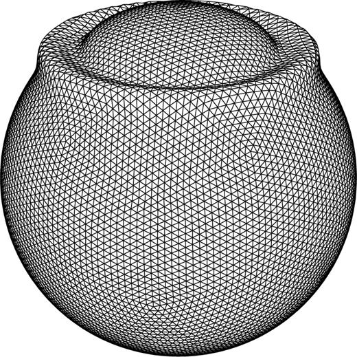 Snapshot of wave propagation on the spherical membrane for a source at the North Pole. Wavefield s is plotted on a spherical-triangular grid with 7682 vertices.