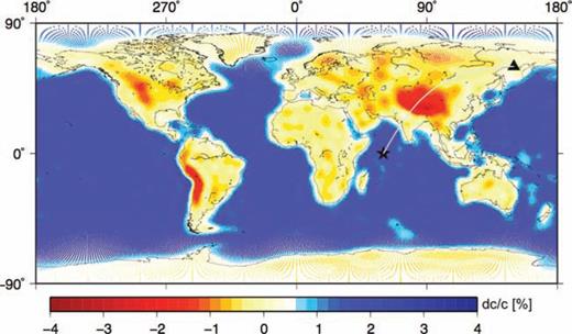 150 s Love-wave phase-velocity map based on Crust-2.0 (Bassin 2000) and an isotropic upper-mantle model. The phase-velocity heterogeneities are represented by a spherical harmonic expansion with degrees l≤ 40, resulting in a low-pass filtered phase-velocity map (the membrane analogue has physical meaning in a smooth Earth regime). Phase-velocity values are projected onto our hexagonal grid, and plotted as coloured dots at the centre of each of its cells (122 882 total cells). Source and receiver are denoted by the star and triangle connected by the source–receiver great circle, which crosses the Tibet anomaly. Phase-velocity anomalies are given in percent with respect to PREM.