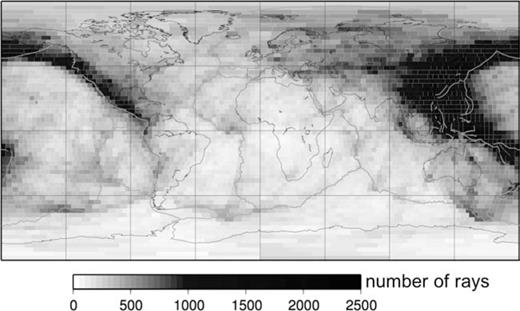Ray-theoretical hitcount map (number of rays crossing each pixel) from the Harvard database, 150 s Love wave observations only. The equal-area pixel parametrization (3°× 3° at the equator) is the same used in our inversions.