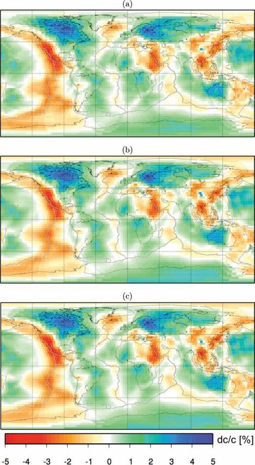 Phase-velocity maps from the inversions of section 4.4.1 (homogeneous starting model). We compare solutions found from (a) ray theory, (b) analytical Born theory, (c) numerical-adjoint kernels. Phase anomalies are in percent with respect to the value predicted by PREM.