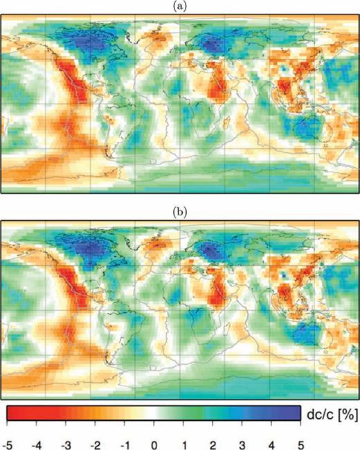 Phase-velocity maps derived from inversions based on two different heterogeneous starting models. In each case the inversion employed sensitivity kernels calculated via the adjoint method for each respective heterogeneous model. In (a), the starting model is the phase-velocity map of Fig. 9, which was based upon Crust-2.0 and an isotropic upper-mantle model (see Section 4.2). In (b), the starting model is the phase-velocity map of Fig. 14(c), which was derived using numerical-adjoint kernels (see Section 4.4.1).
