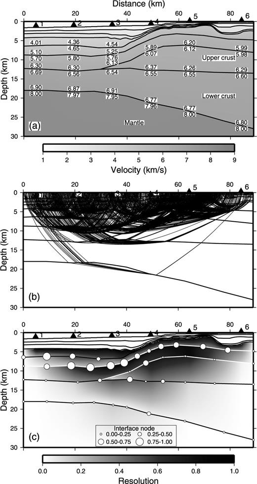 The PMDM model for the Japan Sea data, using only first arrivals. (a) Estimated structure. (b) Ray paths using PMDM. (c) Resolution values of the interface and velocity nodes.