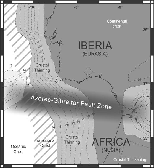 Map view showing the modelled Moho depth. Notice the extremely shallow upper mantle occurring at Gorringe Bank, and the crustal thinning in the Alborán Sea. The Azores-Gibraltar Fault Zone (AGFZ) is a region of high seismicity that contains the Nubia-Iberia plate boundary.
