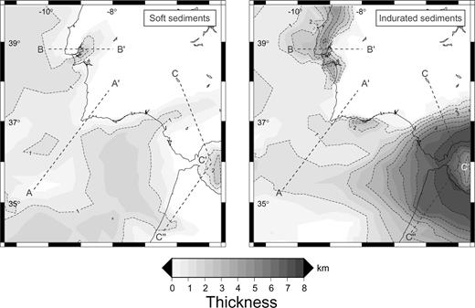 Thickness of the two modelled sedimentary layers: (a) Mesozoic, consisting of hard, consolidated deposits and (b) Neogene, made of loose, poorly consolidated formations. The location of the cross-sections of Fig. 5 is shown.