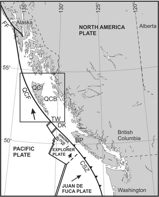 The location of the Queen Charlotte Fault zone with respect to neighbouring plate boundaries; black box shows the location of Fig. 2; FF, Fairweather Fault; QCF, Queen Charlotte Fault; QCI, Queen Charlotte Islands: QCB, Queen Charlotte Basin; CSZ, Cascadia Subduction Zone; TW, Tuzo Wilson seamounts; DK, Dellwood Knolls; BP, Brooks Peninsula.