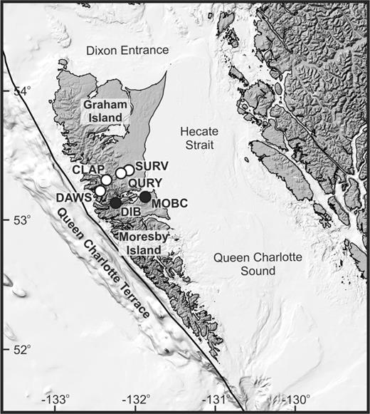 The location of the permanent (black) and temporary (white) seismic stations used in the teleseismic receiver function analysis of the Queen Charlotte margin.