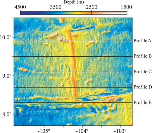 Location of the study area, where the profiles were taken from. Four of these profiles run across the mid-ocean ridge, and one is parallel to the transform fault. Location of the profiles is shown as thick black lines.