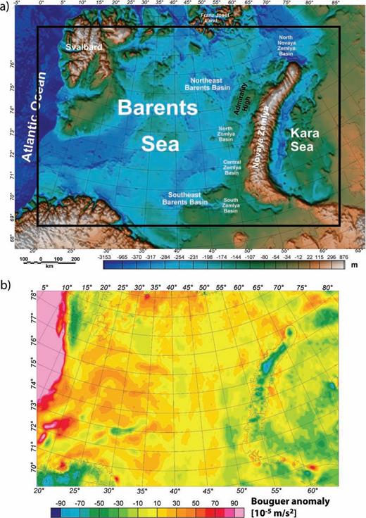(a) Map showing topography/bathymetry of the greater Barents Sea Region, the location of the study area (black square) and the main structural elements. (b) Bouguer gravity anomaly map based on the gravity data from the Arctic Gravity Project (2002). The Bouguer anomaly is calculated with a complete ice-reduction and a Bouguer density of 2670 kg m−3.