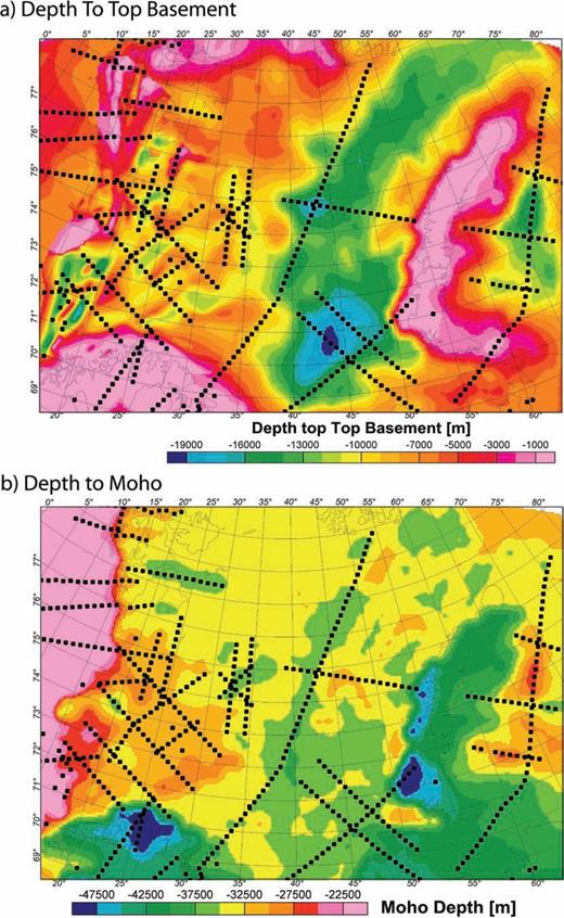 (a) Depth to basement and (b) Moho maps. The maps are adopted from the Barents50 model (Ritzmann 2007) with modifications after Skilbrei (1991, 1995) for the Western Barents Sea. The black dotted lines denote the location of the regional seismic lines used in compiling the Barents50 model.