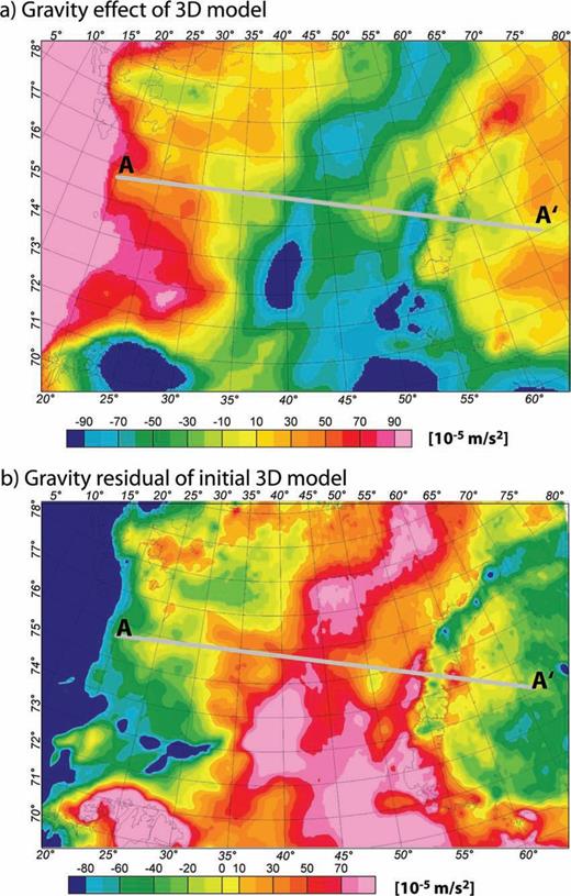 (a) Map showing the gravity effect of the simple 3-D density model based on constant densities for the crust and mantle, the density–depth relation for sediments from Fig. 3 and geometry from Fig. 2. (b) The residual field shows large regional differences between the gravity effect of the 3-D model and the observed Bouguer gravity (Fig. 1b). The profile marked A–A′ is plotted in Fig. 5.