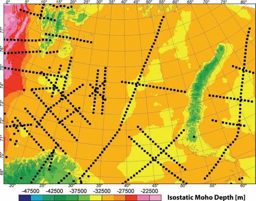 The simple Airy isostatic Moho depth (root) was calculated by taking into account the loading of bathymetry/topography and sediments as well as a density contrast between the lower crust and upper mantle of 400 kg m−3 and a relative normal crustal thickness of 35 km (as for the reference model in Table 1).