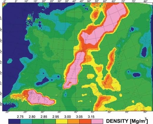 Map showing the distribution of isostatic crustal densities. The lower crustal densities were calculated to isostatically balance the lithosphere without including a variation in mantle densities.