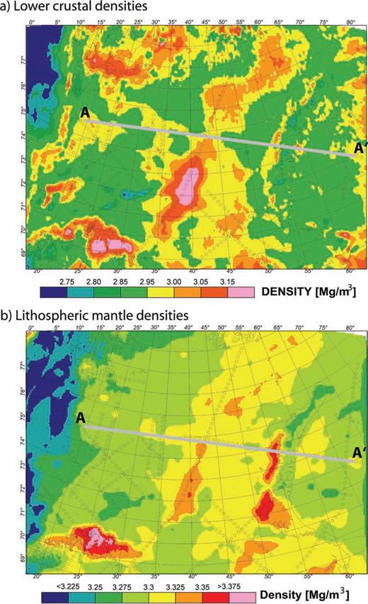 Maps showing (a) lower crustal density and (b) lithospheric mantle density variations. The varying densities allow local isostatic equilibrium to be achieved and give a modelled gravity field that fits the observed gravity to a large degree. The profile marked A–A′ is plotted in Fig. 9. This profile shows the complete crustal structure.