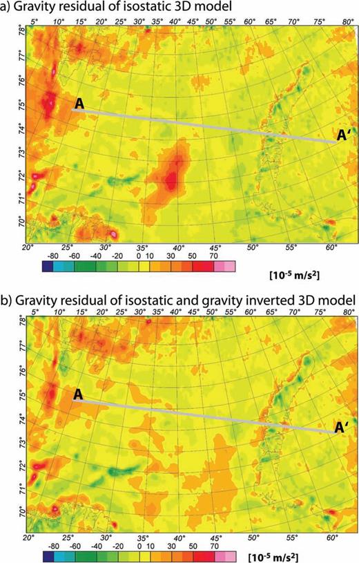 Maps showing residual gravity for the 3-D models. (a) Gravity residual for the model that includes only isostatic mantle densities and the intracrustal horizon in the computation. (b) Gravity residual for the model that also includes small lower-crustal density variations. The profile A–A′ is plotted in Figs 9(a) and (b).