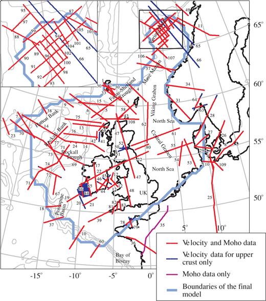 Map showing the locations of wide-angle seismic data entered into the database (Numbers on seismic profiles refer to the listing in the Appendix). Coastlines and 1 km bathymetry contours are marked on this and all subsequent maps.