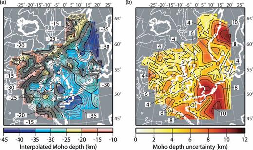 (a) Interpolated surface representing the Moho and (b) uncertainty in Moho depth. Final Moho shown in Fig. 6. Coastlines, 1 km bathymetry contours and lines of longitude and latitude are shown in white.