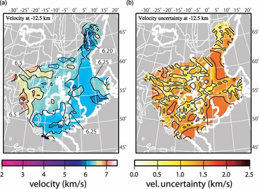 Example depth slice from the final crustal velocity model. The slice is for the cells 12–13 km below sea level. Pale grey regions are outside the model area, dark grey elements are below the Moho and therefore do not contain velocity data. Velocity contours are drawn in black at 0.25 km s–1 intervals, for velocities greater than 5.5 km s–1. Uncertainty contours are drawn in black at 0.5 km s–1 intervals.