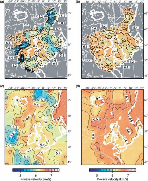 Mean crustal velocity for the new model and CRUST2.0, the most widely used existing model. (a) The mean velocity of the new model for the entire crust including sediments. (b) The mean velocity of the new model for the crystalline crust only. (c) The mean velocity of the CRUST 2.0 model for the crust including sediments (after Bassin 2000). (d) The mean velocity of the CRUST 2.0 model for the crystalline crust only (after Bassin 2000).