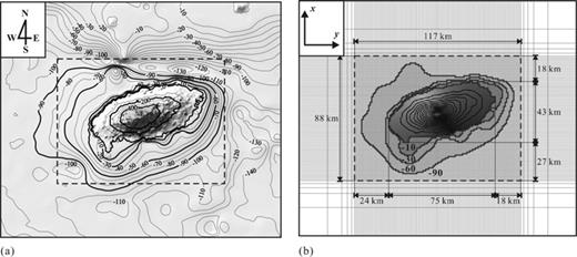 A contour map of the Jeju island (a) and its discretized one (b). The unit of contour is metre. The sea is discretized into four water depths of 10, 30, 60 and 90 m in the Jeju model. Note that x is taken to the North, for z positive downward.