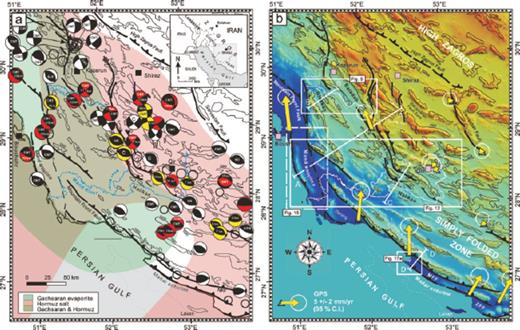 Seismotectonic (A) and topographic (B) maps of the central Zagros showing main faults, focal mechanism solutions and GPS results, as well as locations of subsequent figures. Fault plane solutions of large earthquakes are given with centroid depths (km) where well determined and are from different sources: C = Chandra (1984); CMT = Harvard centroid-moment tensor solution; AAN = Nowroozi (1971); BJP = Baker et al. (1993); NB = Ni & Barazangi (1986); no coding = Talebian & Jackson (2004). Compressional quadrants are in red for events unequivocally located in the basement, in yellow for events in the sedimentary cover and in white for events without adequate depth control. Arrows in (B) indicate rate and direction of horizontal GPS vectors (mm yr−1) in the central Iran-fixed reference frame for the period 1999–2003 (Vernant et al. 2004; Walpersdorf et al. 2007). The fault map is modified from Berberian (1995). Geographic extent of Gachsaran and Hormuz evaporitic facies in (A) are from Sherkati & Letouzey (2004). Regional cross-sections A–A′, B–B′ C–C′ and D–D′ are shown in Figs 3, 10, 14 and 18, respectively.