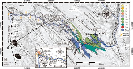 Different fold models and associated incremental surface deformation: (A) fault-bend fold (Suppe 1983), (B) fault-propagation fold (Suppe & Medwedeff 1990), (C) detachment fold with limb rotation and internal deformation (Rockwell et al. 1984), (D) detachment fold with limb rotation, length conservation, migration of outer hinges and syncline deformation (Mitra 2003). Fixed and migrating hinges are presented by solid and dashed white lines, respectively.