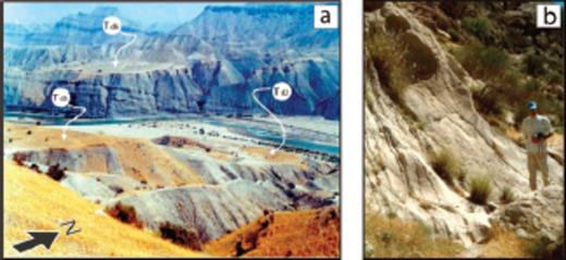 (A) Northeastward view of three strath terraces along the Dalaki River, 45 km upstream from the MFF (viewpoint location indicated on Fig. 5). (B) Lateral fluvial abrasion figures sculpted in Asmari limestone along the right bank of the upper Dalaki River (KAZ-20 sampling site, cf.Fig. 5 for location).