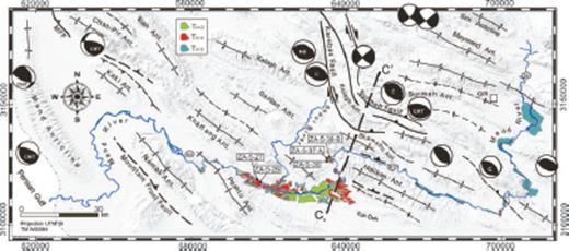 Geomorphological map of the fluvial terraces along the Mand valley, also showing cosmogenic sample locations and available focal mechanism solutions (coding of sources as for Fig. 1). Location of cross-section C–C′ (Fig. 14) is indicated by dashed line; K1, K2 and K3 indicate locations of prominent knickpoints in the river long profile.