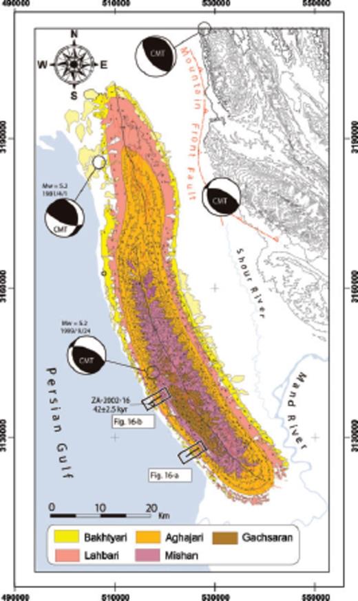 Topographic and geological map of the Mand anticline with elevation contour lines every 100 m. Focal mechanism solutions for large earthquakes from the Harvard CMT database are also indicated. Boxes show locations of surveyed terrace sites shown in Fig. 17. Modified from Oveisi et al. (2007).