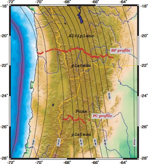 Map showing station locations (red diamonds) of the Altiplano profile (RF) and the Puna profile (PC) in the Central Andes. The black lines indicate depths to the WBZ (Cahill & Isacks 1992).
