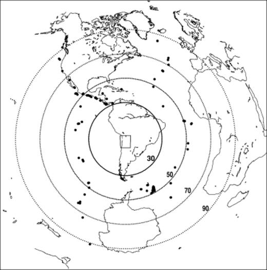Distribution of teleseismic earthquakes used in this study. Events accumulate in the SE (Sandwich region) and in the NW (along the west coast of Central and North America), respectively. The circles denote the epicentral distance given in degrees.