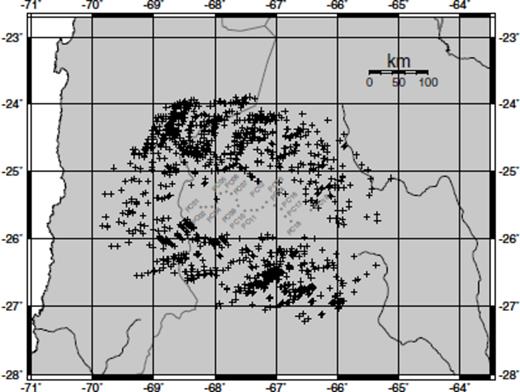 Distribution of piercing points calculated for a depth of 410 km. Converted phases generated at the mantle discontinuities have to be interpreted carefully, due to the lack of information directly beneath the profile.