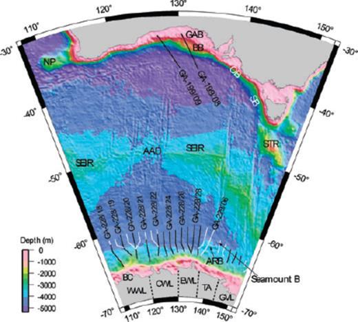 Regional setting of the Wilkes Land margin and major geographic and morphologic features. Profile locations for surveys GA-228 (black) and GA-229 (white) are illustrated on the Wilkes Land margin and for survey GA-199 in the Great Australian Bight (GAB). Seamount B is the location of the dredge samples reported by Yuasa et al. (1997). AAD, Australian-Antarctic Discordance; ARB, Adélie Rift Block; BB, Bight Basin; BC, Budd Coast; CWL, central Wilkes Land; EWL, eastern Wilkes Land; GVL, George V Land; NP, Naturaliste Plateau; OB, Otway Basin; SEIR, Southeast Indian Ridge; SB, Sorell Basin; STR, South Tasman Rise; TA, Terre Adélie; WWL, western Wilkes Land.