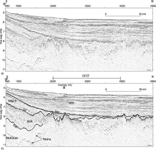 Time migrated MCS profile for line GA-228/24 from central Wilkes Land. (a) Uninterpreted profile and (b) interpreted profile. The prominent unconformities that separate MS1, MS2/3 and MS4 are evident. Modified from Close et al. (2007). See Figs 1 and 2(a) (bold ship-track profiles) for location.