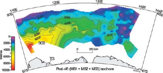 Total post-rift sediment isochore for Wilkes Land, comprising megasequences MS1, MS2 and MS3. BCB, Budd Coast Basin; TG, Totten Glacier. Modified from Close et al. (2007).