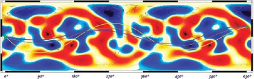 Multiple ray paths for a reference case with the fourth-orbit arrival in a heterogeneous background phase-velocity distribution (Trampert & Woodhouse 1995). All three rays solve the same ray tracing equations from Woodhouse & Wong (1986) leading to different phase- and amplitude-anomaly predictions shown in Table 2.