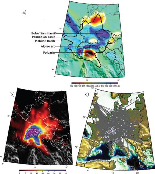 (a) Group velocity map for Rayleigh wave at 5 s period. The black line delimits the area where at least 10 paths are crossing each cell. (b) Map showing the number of paths crossing each cell for the 5 s Rayleigh paths. (c) 3400 paths where reliable group velocity measurement were obtained for 5 s Rayleigh waves.
