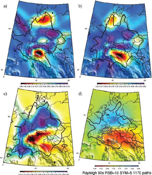 Rayeigh (left) waves group velocity maps at (a) 8 s (b) 16 s (c) 35 s. (d) 50 s.