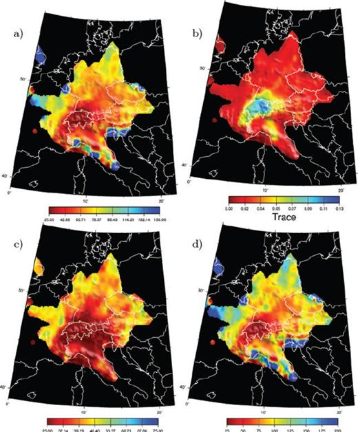 Resolution of the 5 s Rayleigh wave group velocity map. (a) Resolution length averaged in all directions (b) Trace of the resolution matrix (c) Value of the resolution length in the best direction (d) Value of the resolution length in the worst direction.